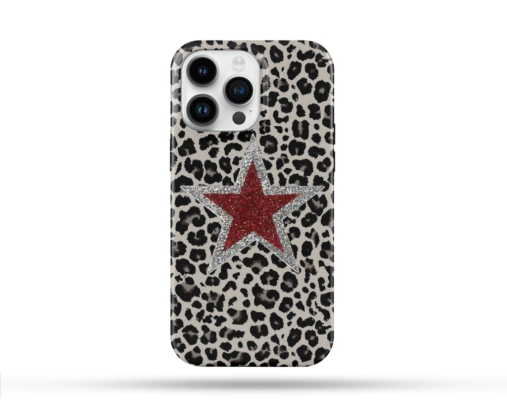 Kırmızı Yıldız Leopar Desenli İçi Kadifeli Telefon Kılıfı N161