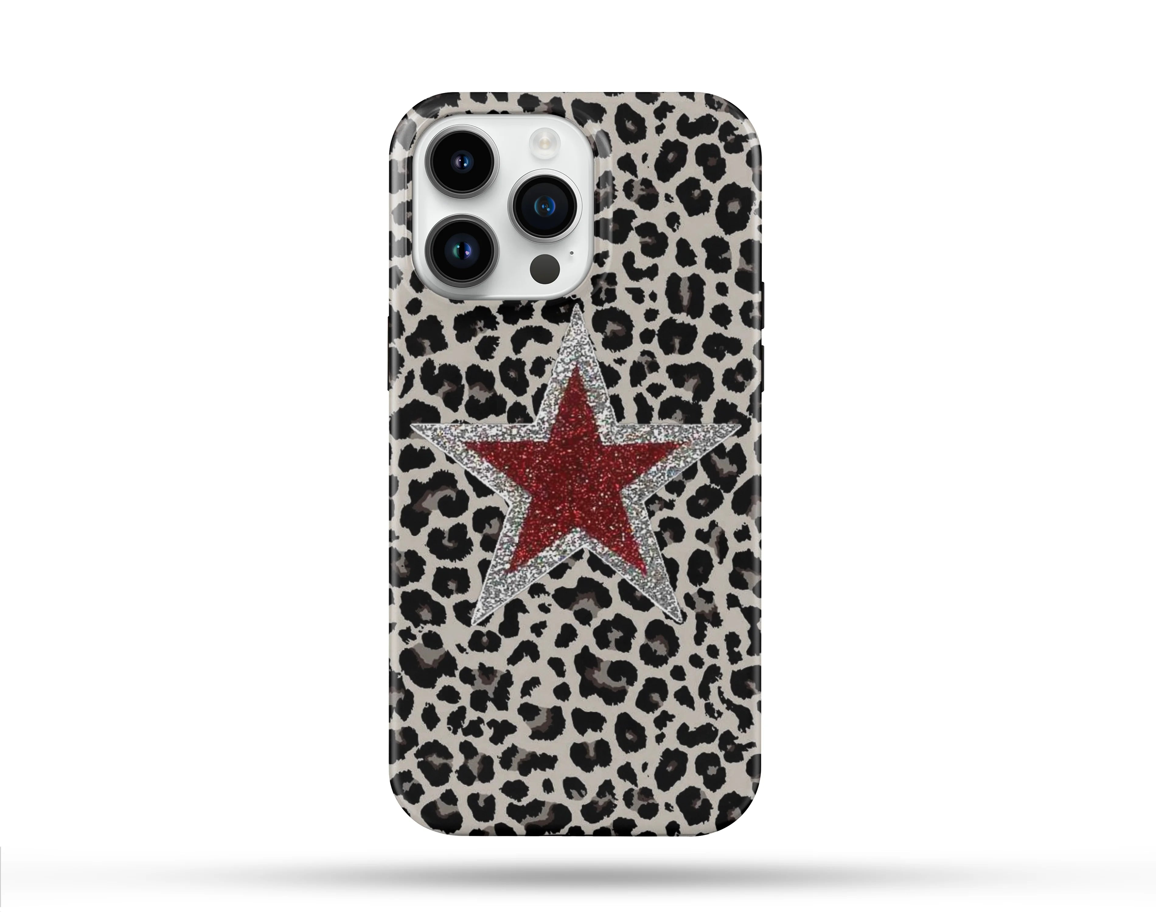 Kırmızı Yıldız Leopar Desenli İçi Kadifeli Telefon Kılıfı N161