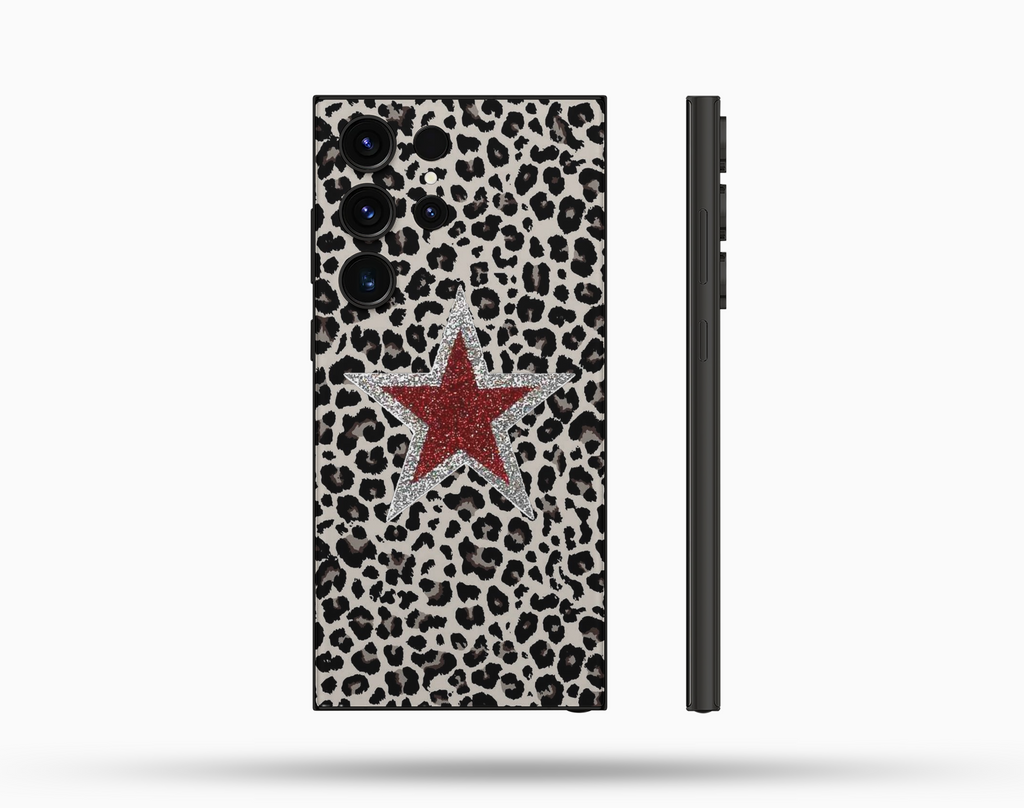 Kırmızı Yıldız Leopar Desenli İçi Kadifeli Telefon Kılıfı N161